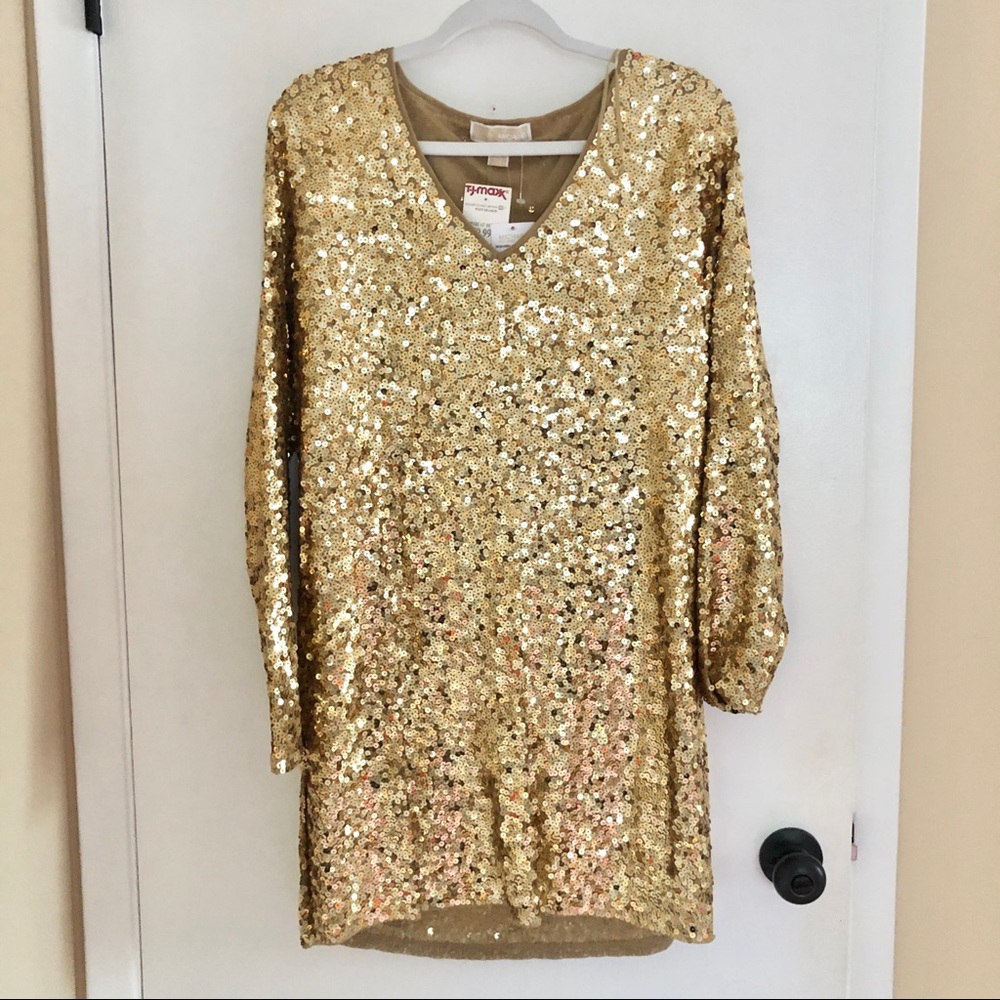 NWT Michael Kors Gold Sequin Long Sleeve Dress